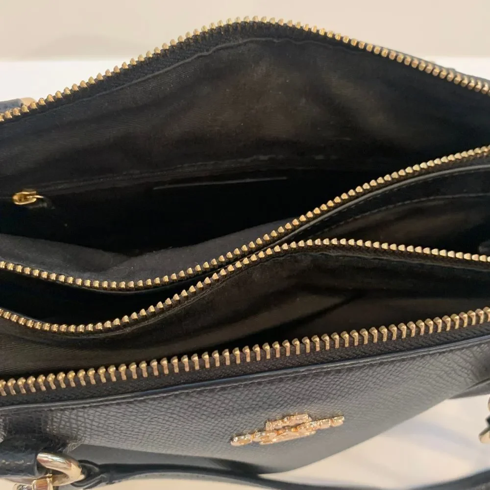 Coach Black Leather Satchel Handbag with‎ Gold Hardware Double Zip Crossbody